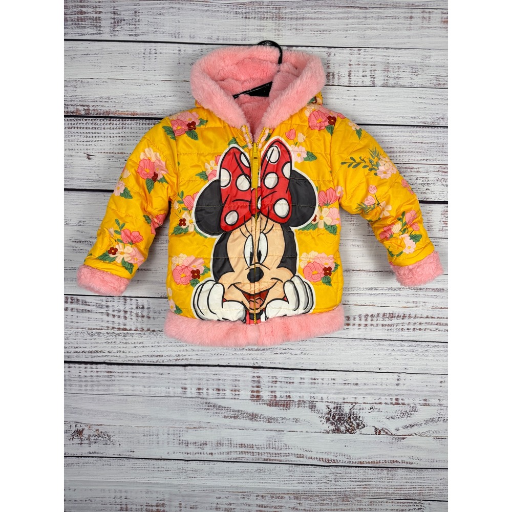 Disney Minnie Mouse Reversible Floral Puffer Jacket 4T Pink Faux Fur